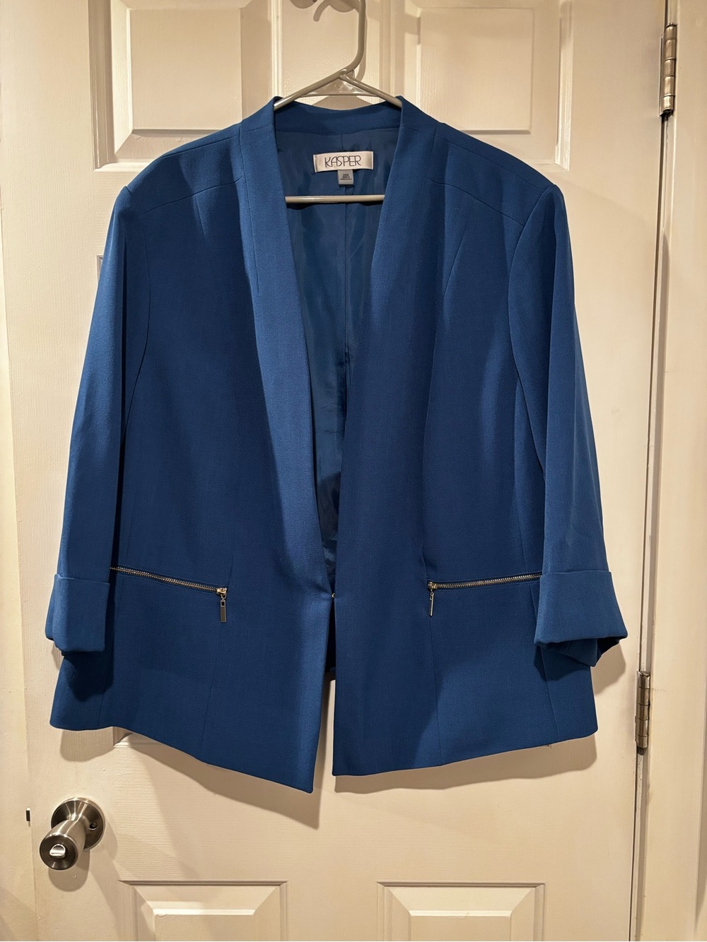 Kasper Women's Blue Collarless Blazer with Zip Pockets